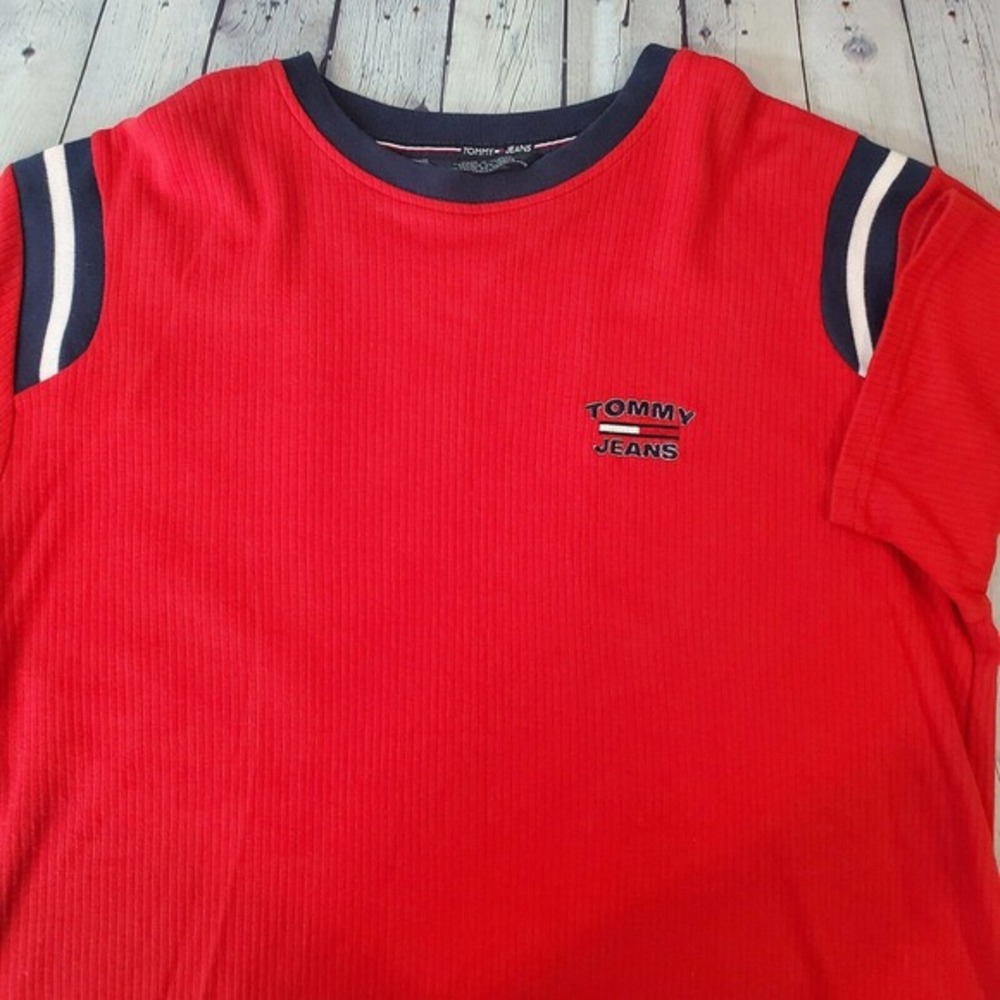 Tommy Hilfiger Large Short Sleeve Pullover Sweater Red 100% Cotton Logo- Flawed